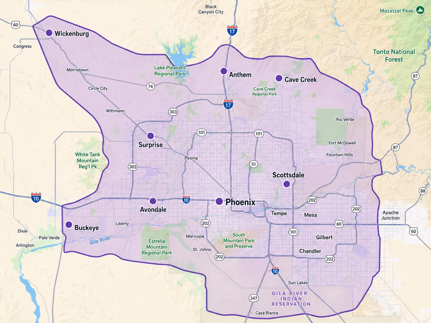 Map of Sanitation One porta potty service area across Maricopa County including Phoenix, Surprise, Buckeye, Avondale, Cave Creek, Anthem, and Wickenburg